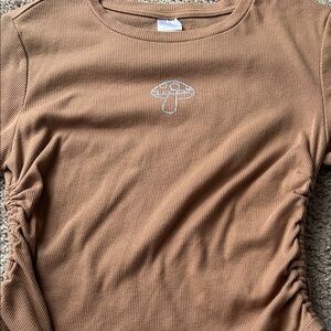 No Boundaries Tan Ribbed Tee with Mushroom Embroidery